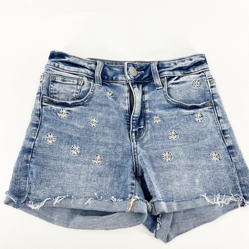 ✅ AMERICAN EAGLE Hi Rise Shortie Embroidered‎ Daisy Stretch Denim Shorts SIZE 0